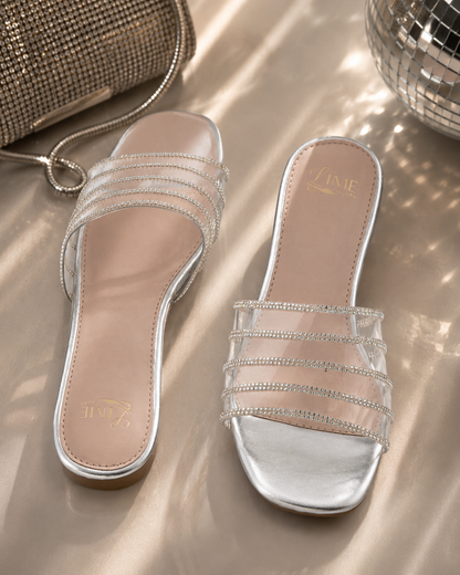Aurora Clear Silver Strap Flats