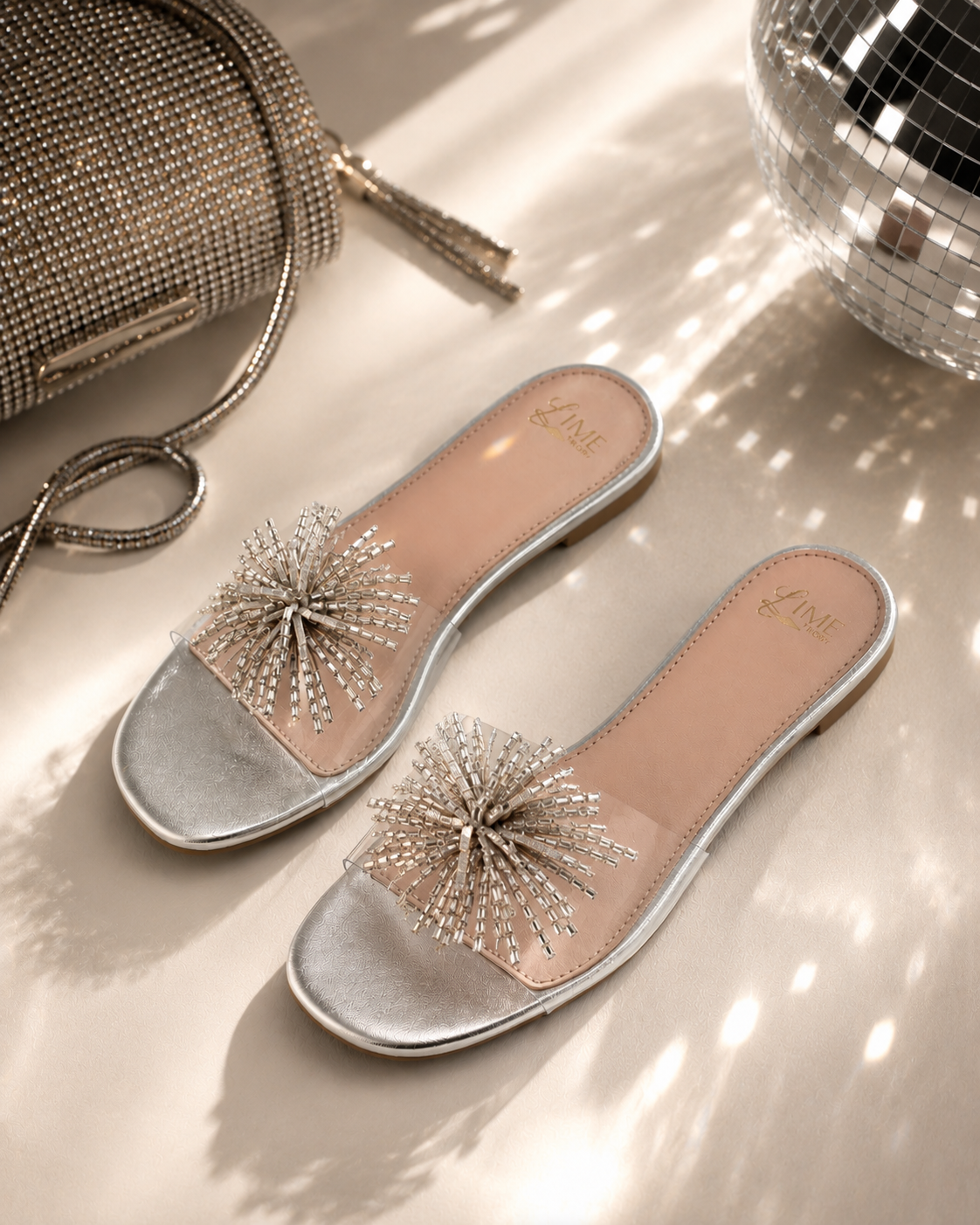 Glimmer Silver Clear Strap Flats