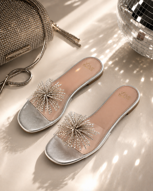 Glimmer Silver Clear Strap Flats