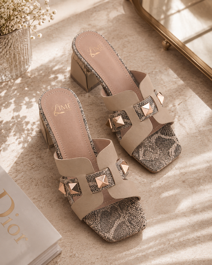Maya Beige Buckle Block Heel