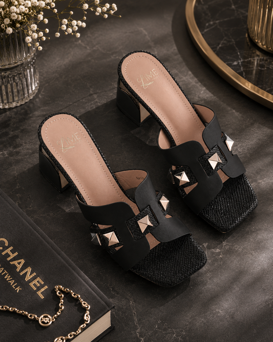 Maya Black Buckle Block Heel