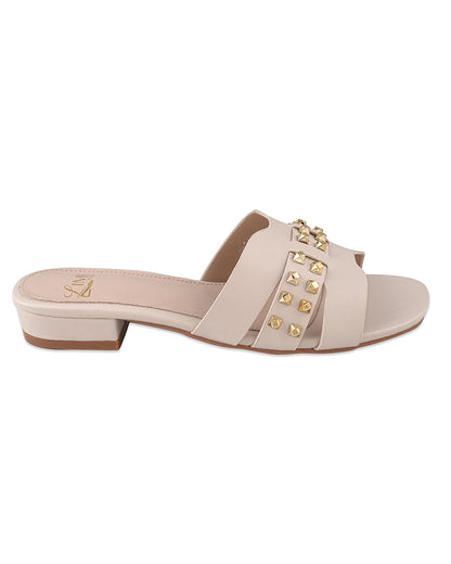 Liva White Studded Block Heel