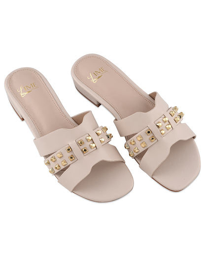 Liva White Studded Block Heel
