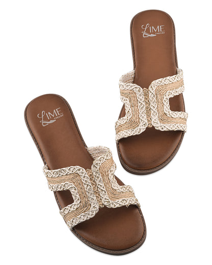 Elara Beige Lace Strap Flats