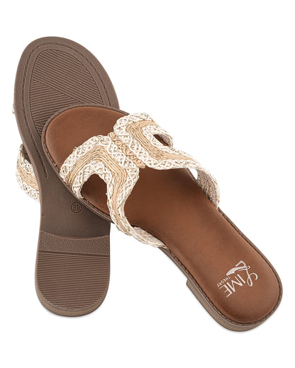 Elara Beige Lace Strap Flats